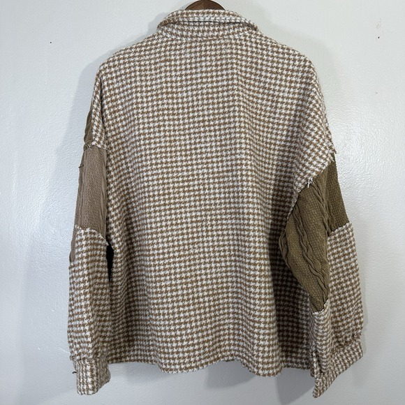 POL Women's M Houndstooth Panel Shacket Mocha Multi Oversized Button Bohemian - Picture 3 of 7